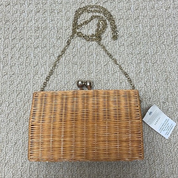 Serpui Handbags - NWT Serpui Gisele Bag Wicker Light Honey White Leather Trim Gold Chain